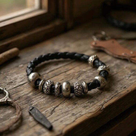 Vintage Black Braided Leather Bracelet with Silver-Tone Beads & Toggle Clasp - Picture 2 of 9